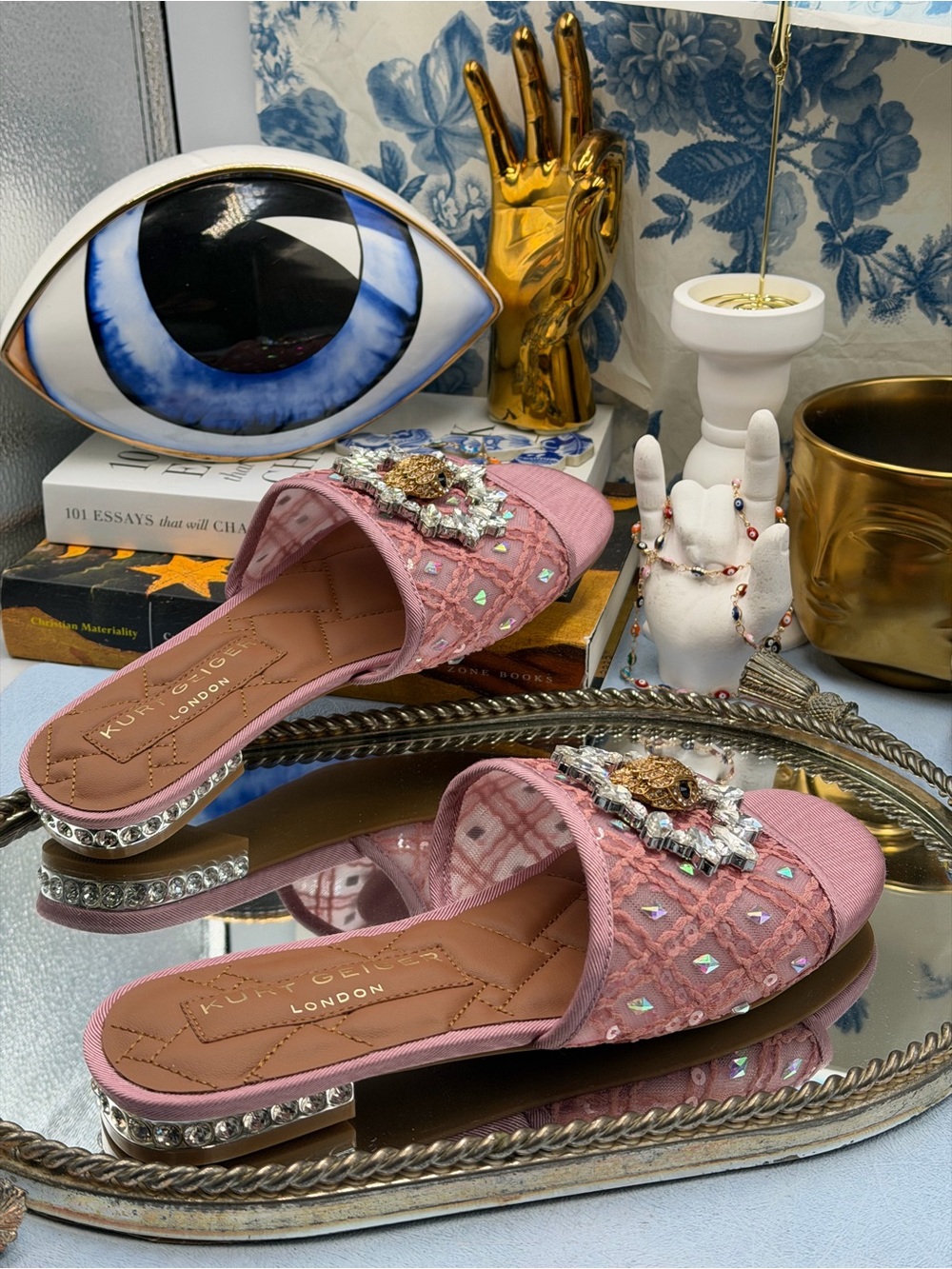🆕 KURT GEIGER LONDON 🧿 NWOB Chelsea Flat Sandal, Pink Mesh Crystal, Sz 37 US 7 - Picture 12 of 14